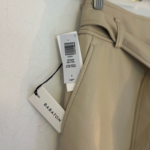 🥯 NWT Aritzia Vegan Belted Pant Trouser Sand White Sz 8 - Picture 7 of 8